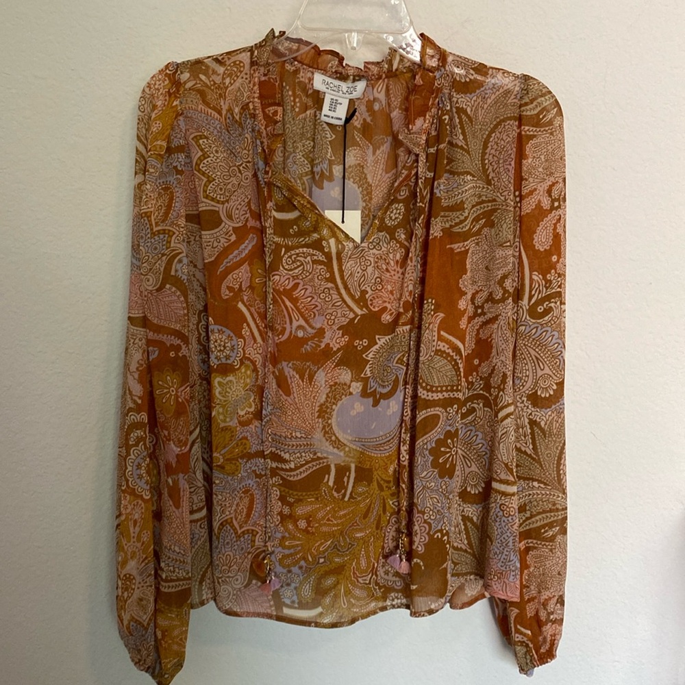 Rachel Zoe top, boho paisley, long sleeved, sheer, fall, NWT, size XS